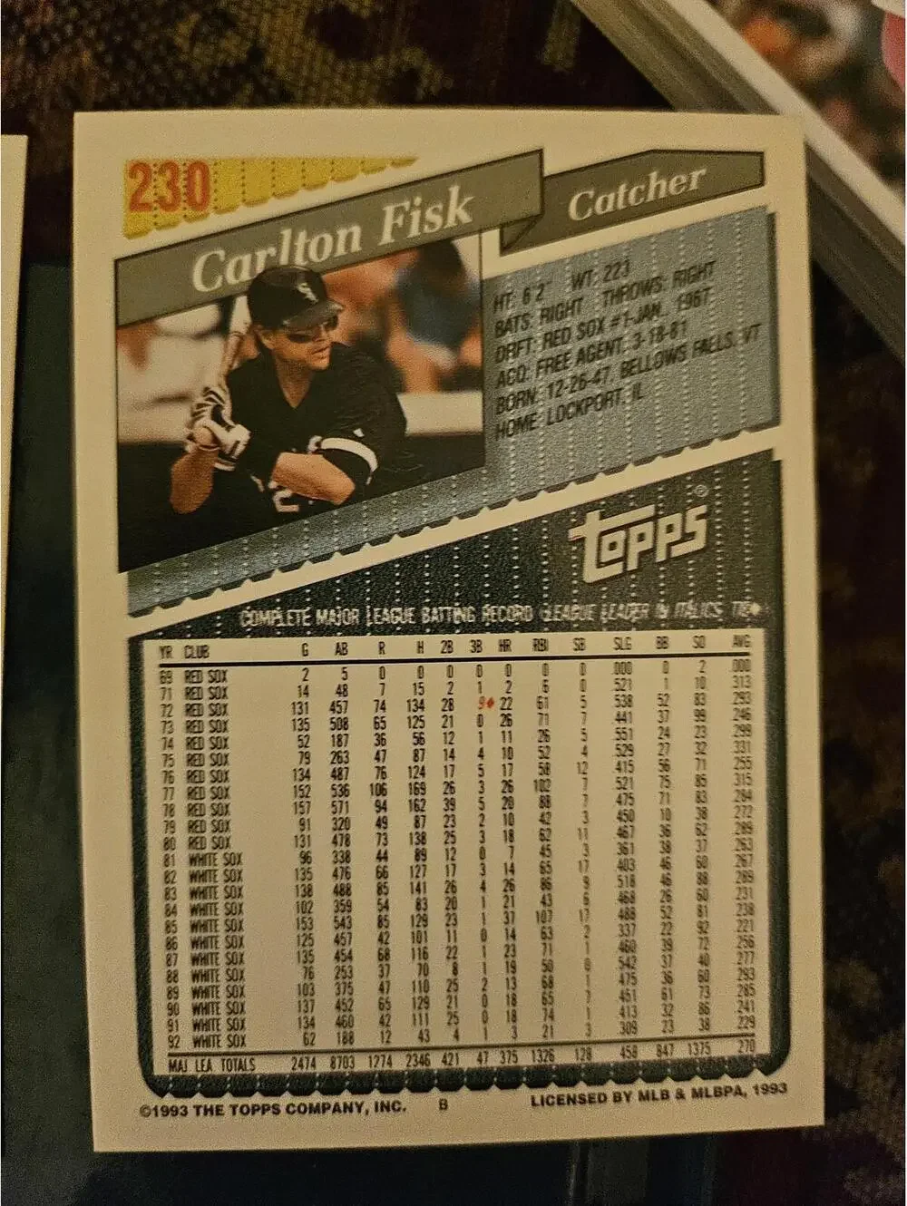 Carlton Fisk - HOF - 1993 Topps #230 - White Sox - RAW mint - Picture 2 of 2